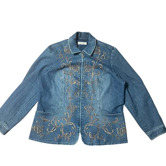 Vintage Boho Coldwater Creek Gold Embroidered Denim Jacket Size 2X - Picture 1 of 8
